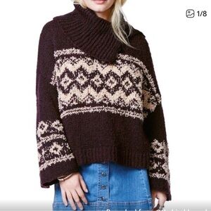 Free People Fair Isle Chunky Knit Sweater XS Purple Cowl Neck Boho Cozy